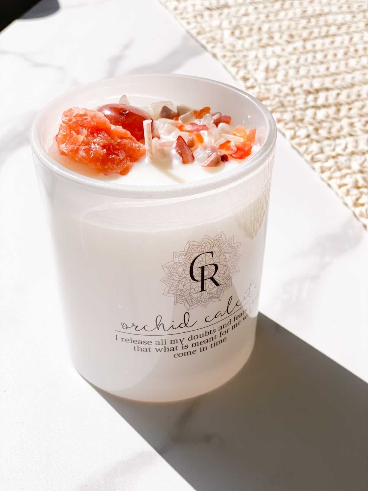 Orchid Calcite & Carnelian Crystal Candle