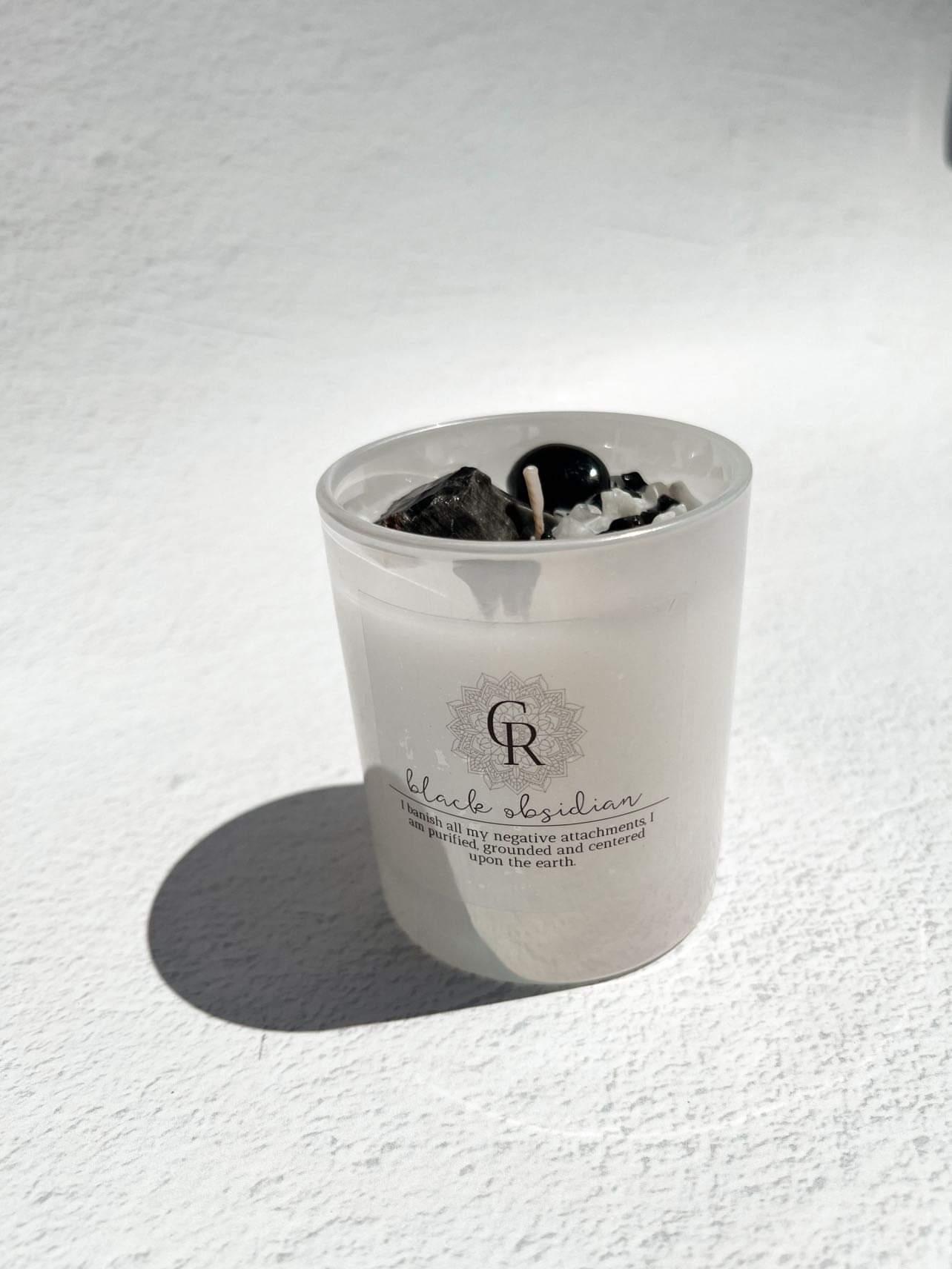 Black Obsidian and Moonstone Crystal Candle